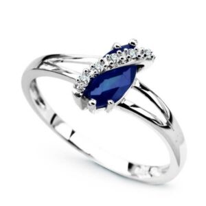 Złoty pierścionek z szafirem i brylantami białe złoto Staviori pr. 585 styl vintage