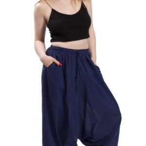 Spodnie haremki bawełniane z ozdobnymi sznurkami granatowe