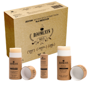 Roomcays #5 Zestaw naturalnych kosmetyków dla mężczyzn. Dezodorant w sztyfcie, Pomada stylizująca do włosów, Balsam do ust z filtrem ochronnym spf 15