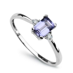 Złoty pierścionek z tanzanitem i brylantami, białe złoto Staviori pr. 585
