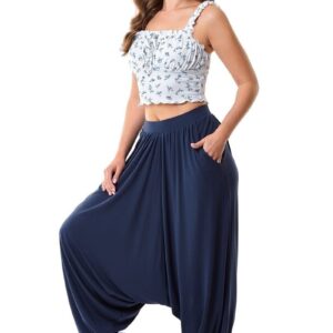 Spodnie haremki dzianinowe z niskim krokiem granatowe