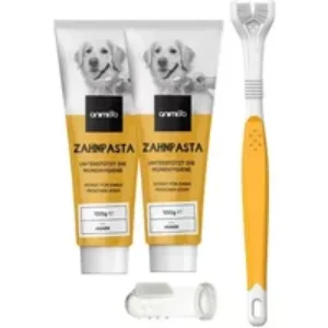 Zahnpflege Hund Zubehör – 2 x 100g Zahnpasta Tuben & Zahnbürste – Essbare Zahnpasta – Denti-Care Set – Animigo